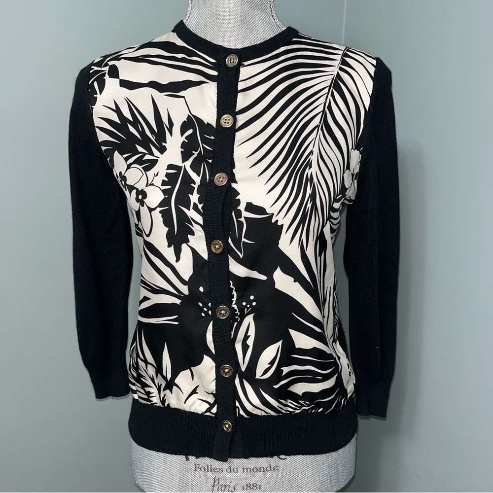 LAUREN RALPH LAUREN black knit cardigan with white floral print size small